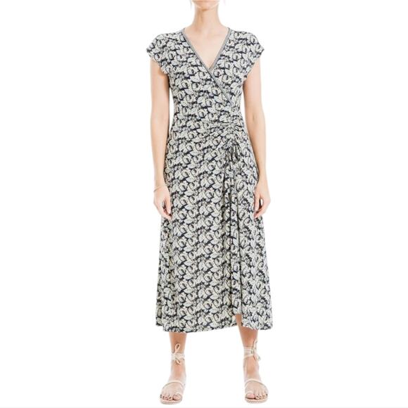 Max Studio Floral Flutter Sleeve Ruched Side Waist Faux Wrap Dress Size Med New! - Picture 1 of 11